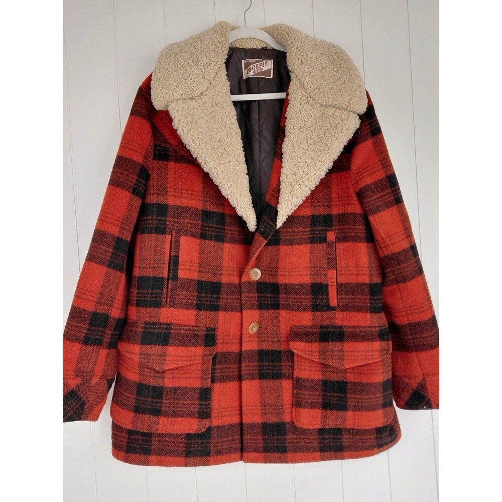 Vintage Cockpit USA Orange Buffalo Plaid Wool Field Coat Lamb Fur Collar Large